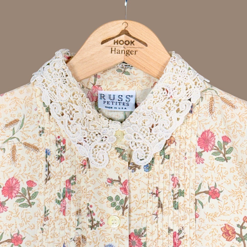 Russ Petites Vintage Blouse 10 Cream Floral Pintuck Lace Collar Prairie Boho 70s